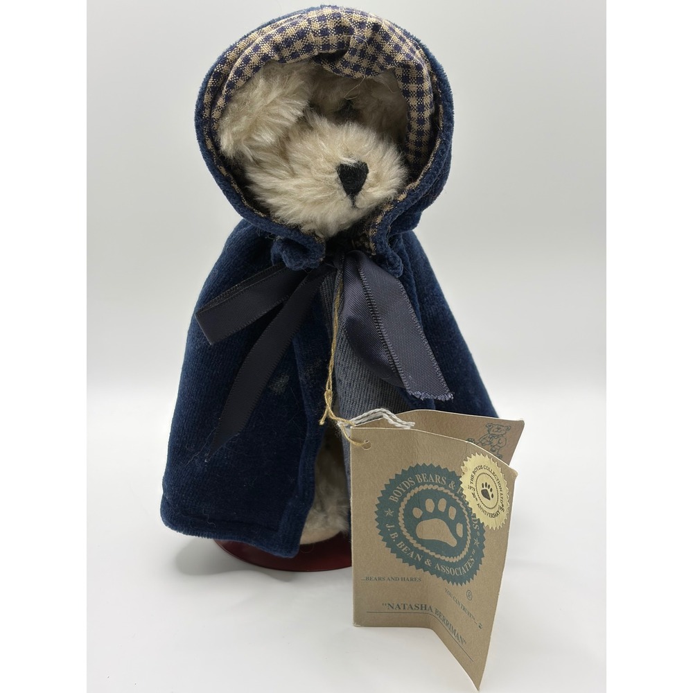Boyds Bears Natasha Berriman Plush Bear Navy Blue Hooded Cape Stand NWT 8.5in